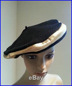 Vtg 50's Frank Olive Neiman Marcus Black Gold Leather Metallic Wool Beret Hat