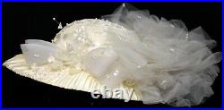 Vtg 80/90s White Wedding Bride Hat Country Western Satin Lace Sequins Tulle Poof