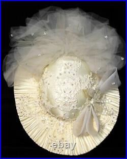 Vtg 80/90s White Wedding Bride Hat Country Western Satin Lace Sequins Tulle Poof