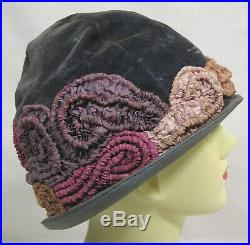 Vtg Antique 1920s Cloche Hat GAGE Labeled Velvet Pink Blue Ruched Fabric NICE