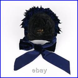 Vtg BETTI GALIMBERTI c. 1800's Navy Blue Silk Velvet Bow Bonnet Hat