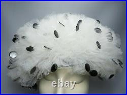 Vtg Bubble Hat Jack McConnell Red Feather Label White Tulle Black Polka Dots