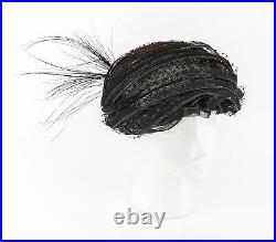 Vtg CHRISTIAN DIOR Chapeaux c. 1960's Black Pleated Horsehair Feather Turban Hat