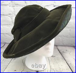 Vtg Chanda Harold Womens Wide Brim Winter Hat Green Velvet Feathers Bow 21-1/2