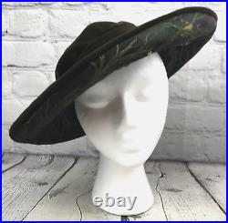 Vtg Chanda Harold Womens Wide Brim Winter Hat Green Velvet Feathers Bow 21-1/2