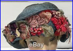 Vtg EDWARDIAN HAT ART DECO Silk Flowers Leaves Berries Wide Brim Trim Cloche