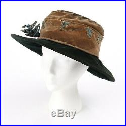 Vtg EDWARDIAN c. 1910's Black Tan Brown Silk Velvet Chenille Floral Afternoon Hat