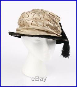 Vtg EDWARDIAN c. 1910s Beige Soutache Embroidered Silk Satin & Velvet Evening Hat
