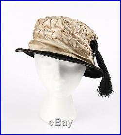 Vtg EDWARDIAN c. 1910s Beige Soutache Embroidered Silk Satin & Velvet Evening Hat