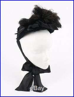 Vtg Early 1800's Civil War Victorian Silk Velvet Bow Feather Mourning Hat Bonnet
