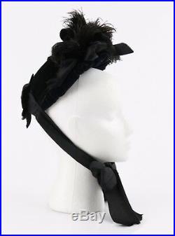 Vtg Early 1800's Civil War Victorian Silk Velvet Bow Feather Mourning Hat Bonnet