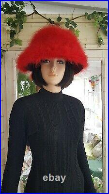 Vtg Gorgeous Red MARABOU FEATHER BUCKET Hat c. 1960s