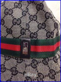 Vtg Gucci GG Bucket Fedora Hat Womens Sz XL Gray Navy Logo Italy Red Green Band