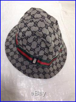 Vtg Gucci GG Bucket Fedora Hat Womens Sz XL Gray Navy Logo Italy Red Green Band