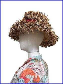 Vtg Hawaiian Straw Hat Waltah Grand Clarkes Raffia Grass Woven Honolulu 1950s