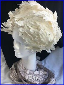 Vtg Jack McConnell Chapeau Rhinestone Feathers Red Feather Original Glamour Hat