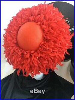 Vtg Jack McConnell Feathers Rhinestone Hat Wide Brim Red Feather Original Hatbox