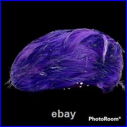 Vtg Jack McConnell Violet Dark Purple FEATHER Rhinestone Wool Evening Church Hat