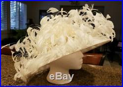 Vtg KOKIN NEW YORK Womans Off White Feather Hat Easter Wedding Church Dress RARE
