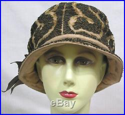 Vtg Ladies Hat 1920s Cloche Squiggly Cording and Bow Oppenheim Collins NICE