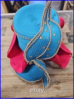 Vtg Lily & Taylor Paris Fashion Hat Blue/Pink With Rhinestones Needs Minor Repair