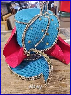 Vtg Lily & Taylor Paris Fashion Hat Blue/Pink With Rhinestones Needs Minor Repair