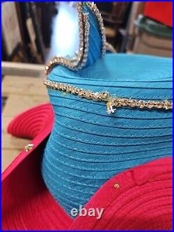 Vtg Lily & Taylor Paris Fashion Hat Blue/Pink With Rhinestones Needs Minor Repair