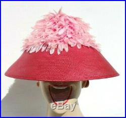 Vtg MCM 1960s Pink Saucer Straw Hat with Pink Flowers Leslie James Haggarty's