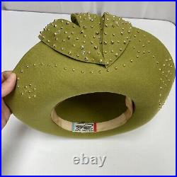 Vtg Mr John CLASSIC New York Paris GREEN Wool Gold RHINESTONE ART DECO Hat RARE
