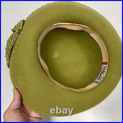 Vtg Mr John CLASSIC New York Paris GREEN Wool Gold RHINESTONE ART DECO Hat RARE