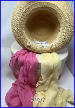 Vtg. SCHIAPARELLI Beach STRAW HAT with Pink And Yellow Nylon Ribbons with Hat Box