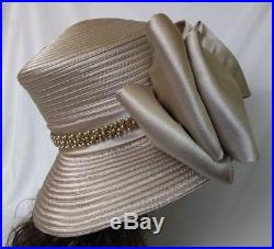 Vtg Style Women's Hat Bling Church Dressy Kentucky Derby Bow Medium Lg Champagne