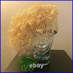 Vtg Styled by Jack McConnell New York Tan Gold Straw Netting Floral Hat SPRING