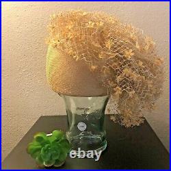 Vtg Styled by Jack McConnell New York Tan Gold Straw Netting Floral Hat SPRING