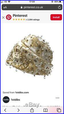 Vtg VGC True 1960s Christian Dior Ivory Brocade Emerald Crystal Tear Turban Hat