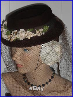 Vtg WWII Hat 1930 40s Tilt Derby Below Full Face Veil Brown Wool Flowers EUC