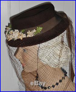 Vtg WWII Hat 1930 40s Tilt Derby Below Full Face Veil Brown Wool Flowers EUC