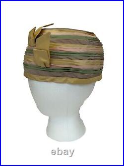 Vtg Womens Turban Pillbox HAT Formal Multi Color Striped Yellow Pink Green HTF