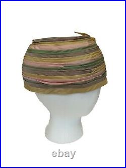 Vtg Womens Turban Pillbox HAT Formal Multi Color Striped Yellow Pink Green HTF