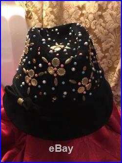 Vtg Yves Saint Laurent Jeweled Fedora Trilby Hat Black Felt Wool 1960s