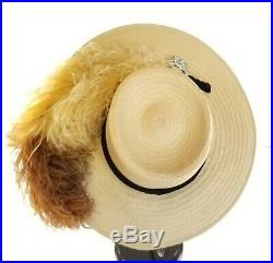 Vtg Yves Saint Laurent ladies ostrich feather straw hat and hat box excellent