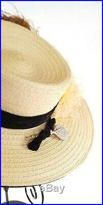 Vtg Yves Saint Laurent ladies ostrich feather straw hat and hat box excellent