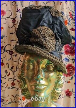 Whimsical 1920's Black Silk Taffeta Tall Hat W Gold Lame & Straw Rounds