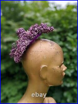 Whimsical Victorian 1880s Purple Straw Basketweave Bonnet W Floral Clusters