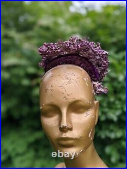 Whimsical Victorian 1880s Purple Straw Basketweave Bonnet W Floral Clusters