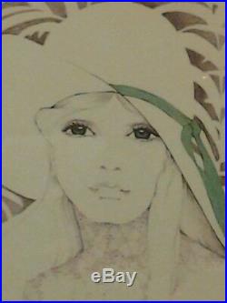 William Tara signed 1970s Lithograph Mid Century 22x28 Woman Wide Brim Hat