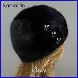 Windproof Mink Fur Hats Outdoor Snow Hat Beanies Women Winter Headwear 1pc Set