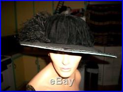 Women's Vintage Edwardian Titanic Huge Brim Black Velvet Hat Ostrich Plumes M L
