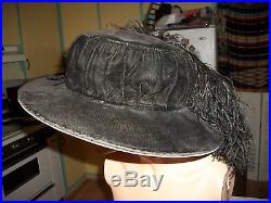Women's Vintage Edwardian Titanic Huge Brim Black Velvet Hat Ostrich Plumes M L