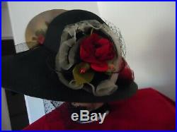 Women's Vintage Wide Brim Black Straw Hat